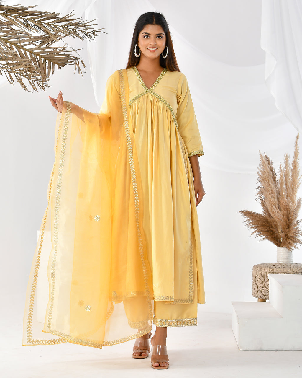 Buy Mustard Yellow Gota Work Chanderi Suit- Set of 3 | KM005SKD_MYLW/PRAN2  | The loom